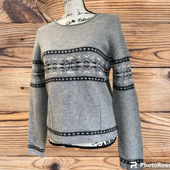 VTG Eddie Bauer Lambswool Sweater M Gray Black Fair Isle Nordic Fisherman Knit - Picture 8 of 13